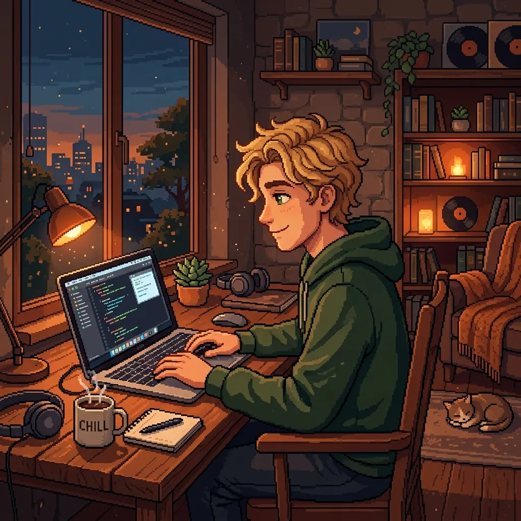 Cozy lo-fi aesthetic of Ege working